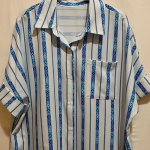 BLOUSE/SHIRT TURQUOISE/WHITE STRIPE SZ XL POLY/SPANDEX CUFFED HIGH SLEEVES